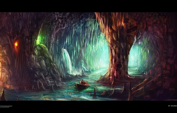 Картинка огни, река, лодка, пещера, desktopography, сталактиты