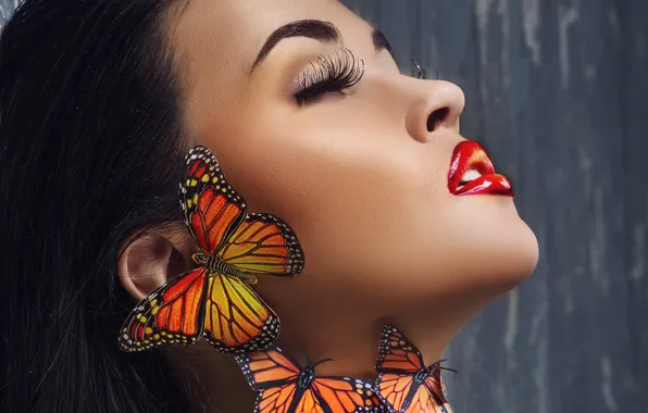 Картинка девушка, бабочки, ресницы, макияж, губы, профиль