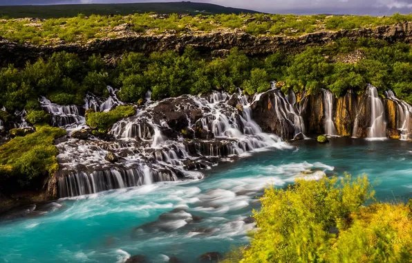 Картинка река, водопад, каскад, Исландия, Iceland, Hraunfossar, Хрёйнфоссар, Хадльмюндархрёйн