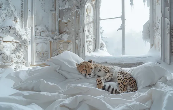 Снег, гепард, постель, разруха, дикая кошка, нейросеть