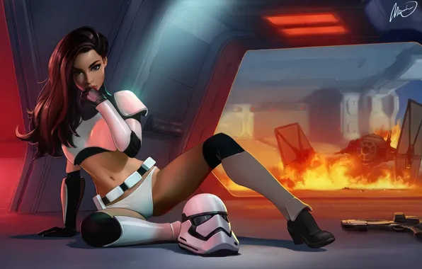 Panties, armor, dark hair, Star Wars, Mironishin Story, stormtrooper, drawing, fire