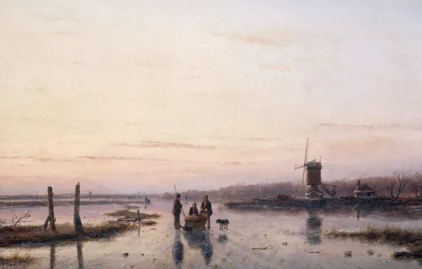Пейзаж, дерево, масло, картина, Мельница, Андреас Схелфхаут
