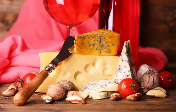 Картинка сыр, нож, орехи, помидоры