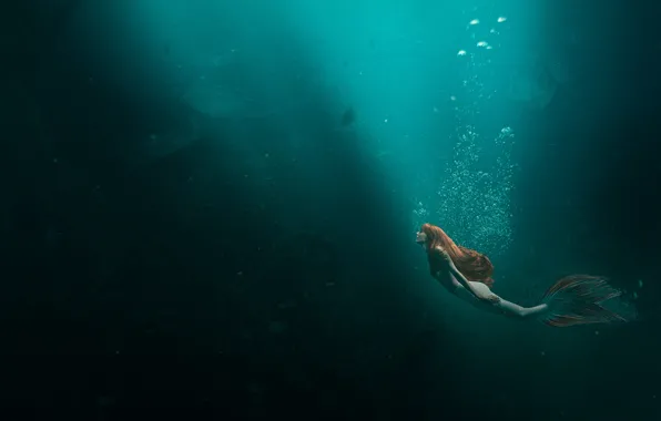 Картинка море, девушка, русалка, медузы, рыжеволосая