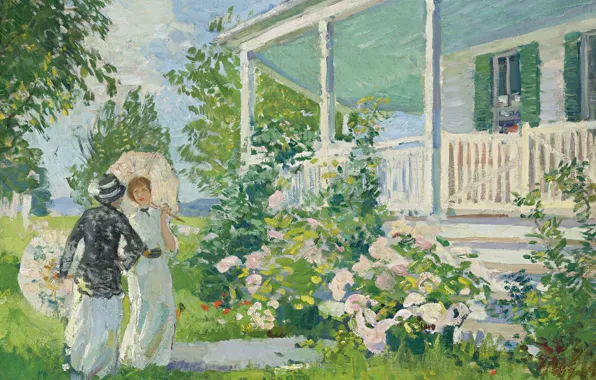 Картинка девушка, пейзаж, цветы, картина, зонт, Gifford Beal, Летний Коттедж, Гиффорд Бил