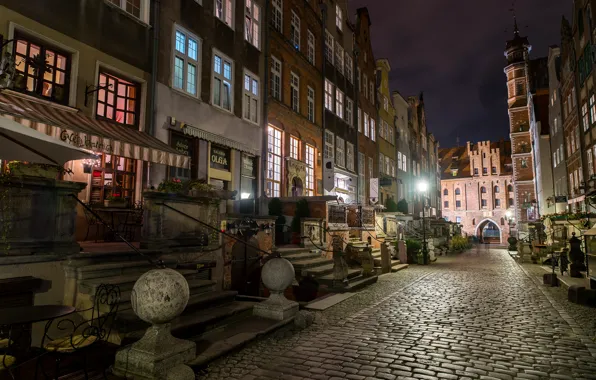 Ночь, lights, улица, Польша, фонари, street, магазины, Poland