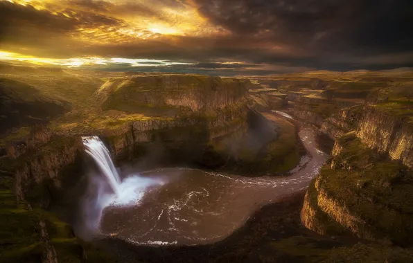 Картинка река, водопад, утро, каньон, Вашингтон, США, штат, Палус