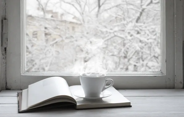 Картинка зима, снег, окно, чашка, книга, hot, winter, snow