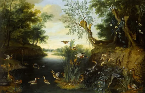 Картинка животные, деревья, река, картина, Ян Брейгель младший, Речной Пейзаж с Птицами