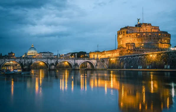 Картинка огни, отражение, река, Рим, Италия, Тибр, Мост Святого Ангела, Замок Святого Ангела