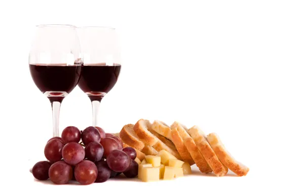 Картинка вино, красное, сыр, бокалы, хлеб, виноград, ломти