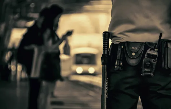 Police, station, people, focus, train, urban, uniform, blurry