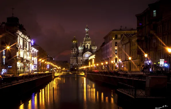 Вода, ночь, мост, город, огни, Питер, Санкт-Петербург, церковь