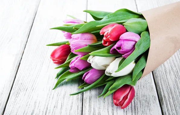 Картинка цветы, букет, colorful, тюльпаны, wood, pink, flowers, tulips