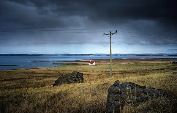 Картинка озеро, камни, буря, церковь, линии электропередачи, серые облака