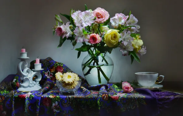 Картинка печенье, кружка, ваза, букет цветов, подсвечник, vase, cookies, mug