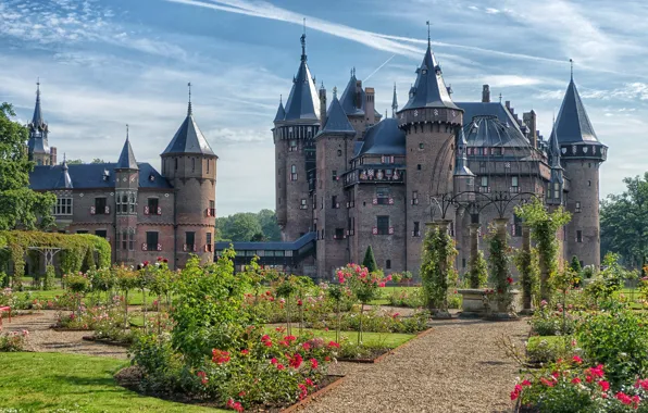 Цветы, парк, замок, Нидерланды, архитектура, Netherlands, Utrecht, Утрехт