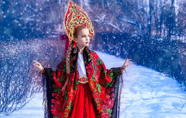 Картинка зима, снег, девочка, наряд, платок, этно, кокошник