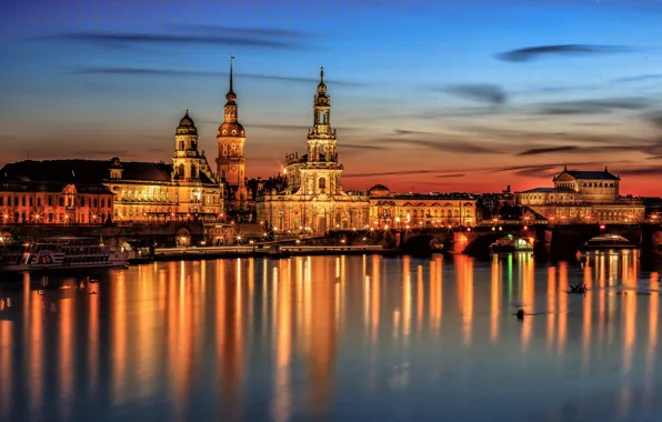 Небо, ночь, мост, огни, река, дома, Германия, Дрезден