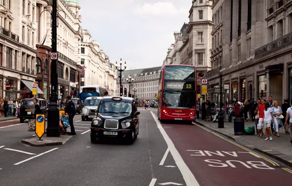 Картинка движение, люди, улица, Лондон, здания, автобус, архитектура, остановка