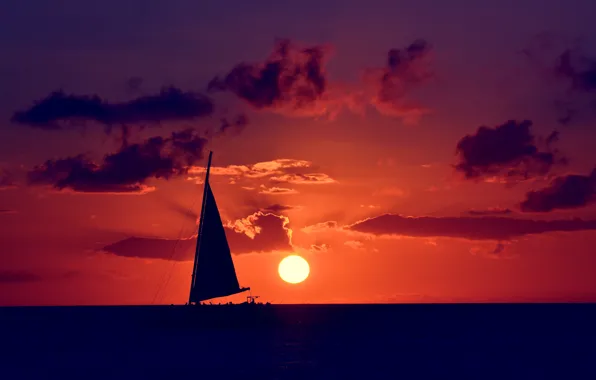 Картинка море, небо, солнце, закат, тучи, природа, настроение, парусник