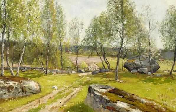 Картинка 1900, шведский художник, Swedish painter, Olof Hermelin, Березки во дворе, Björkar vid gärdsgård, Олоф Хермелин, …