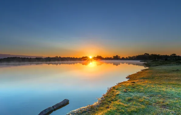 Картинка лето, солнце, закат, синева, берег, бревно, водоем