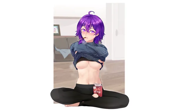 Kawaii, anime, cute, sitting, tummy, purple hair, shy, underboobs