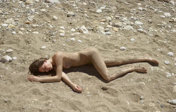 Beach, breast, rocks, sand, stones, sleeping, boob, nipple
