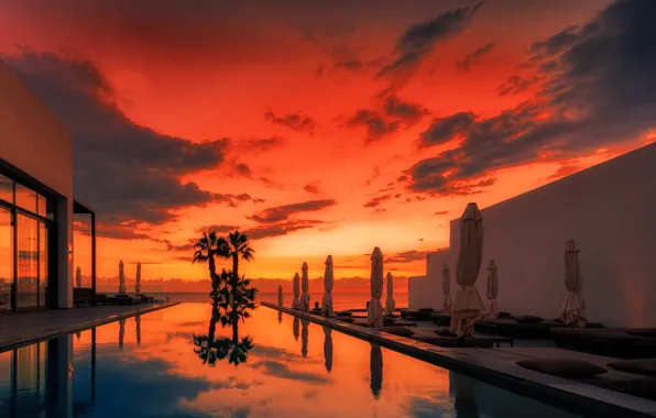 Colors, colorful, red, pool, sunset, clouds, dusk, cyprus