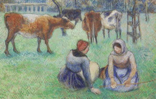 Картина, жанровая, Камиль Писсарро, Крестьянки Приглядывающие за Коровами