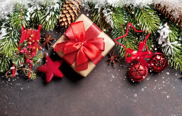 Новый Год, Рождество, snow, merry christmas, gift, decoration, fir tree