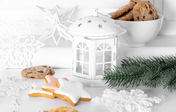 Картинка снежинки, печенье, Рождество, фонарь, Новый год, еловая ветка