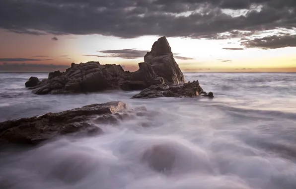Waves, sunset, clouds, rocks, Ocean