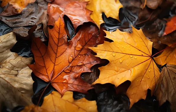 Картинка осень, листья, вода, капли, дождь, water, autumn, leaves