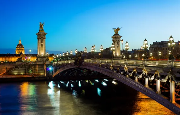 Картинка свет, мост, город, река, Франция, Париж, вечер, освещение