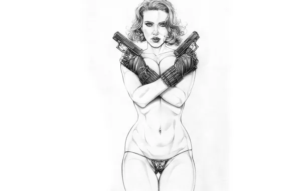 Девушка, Scarlett Johansson, арт, белый фон, карандаш, Скарлетт Йоханссон, Мстители, Avengers