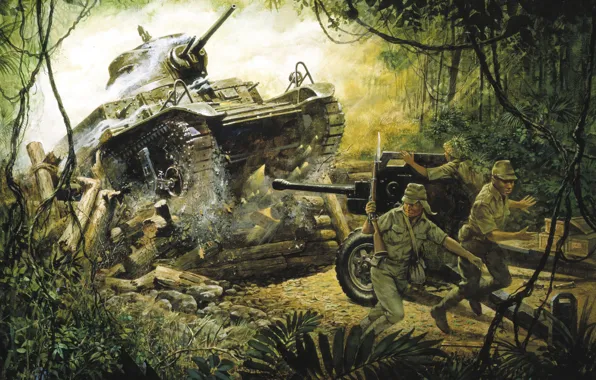 Картинка война, джунгли, танк, пушка, японцы