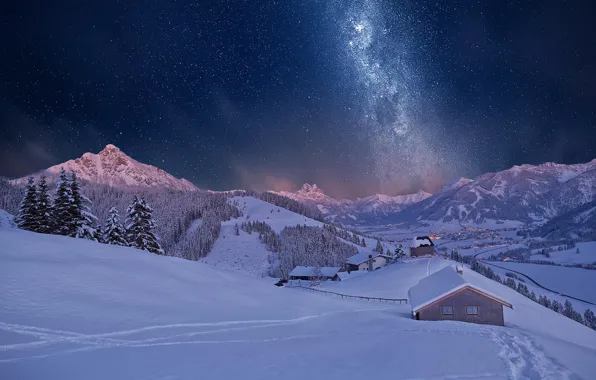 Картинка зима, снег, горы, ночь, дом