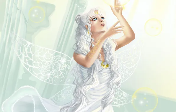 Картинка взгляд, волосы, крылья, платье, белые, moon queen