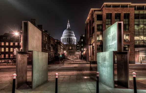 Ночь, Англия, Лондон, night, London, England, st pauls cathedral