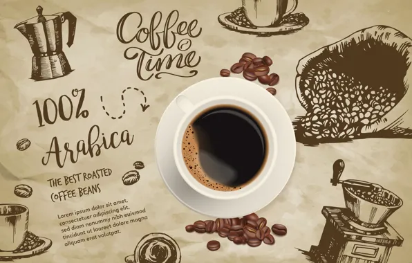 Надписи, кофе, чашка, кофейные зерна