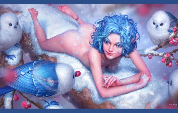 Зима, снег, фея, фэнтези, арт, illustrator, George Redreev, ягодка