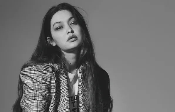 Взгляд, девушка, модель, волосы, губы, черно-белое, Gigi Hadid
