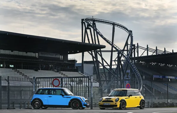 Дорога, Желтый, Синий, Mini Cooper, Мини Купер, Американские горки