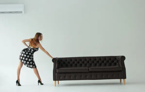 Long hair, hot girl, studio, model, redhead, sofa, sexy woman, photoshoot