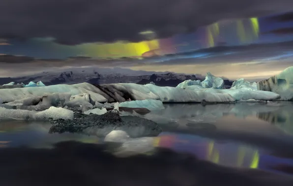 Картинка горы, природа, океан, северное сияние, айсберги