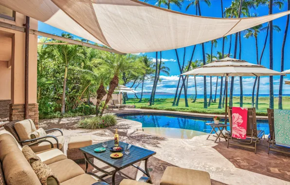 Обои пальмы, вилла, бассейн, Гавайи, терраса, villa in Honolulu на ...