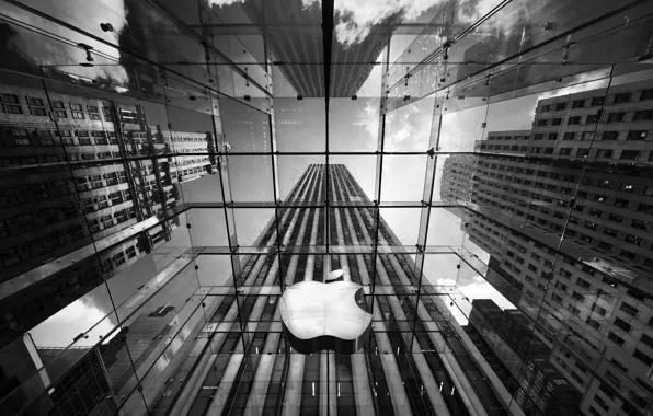 Картинка Apple, черно-белая, логотип, небоскребы