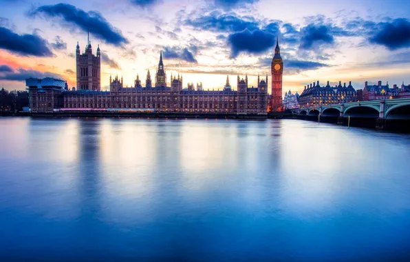 Картинка город, река, Лондон, Big Ben, Parliament, Великобриания